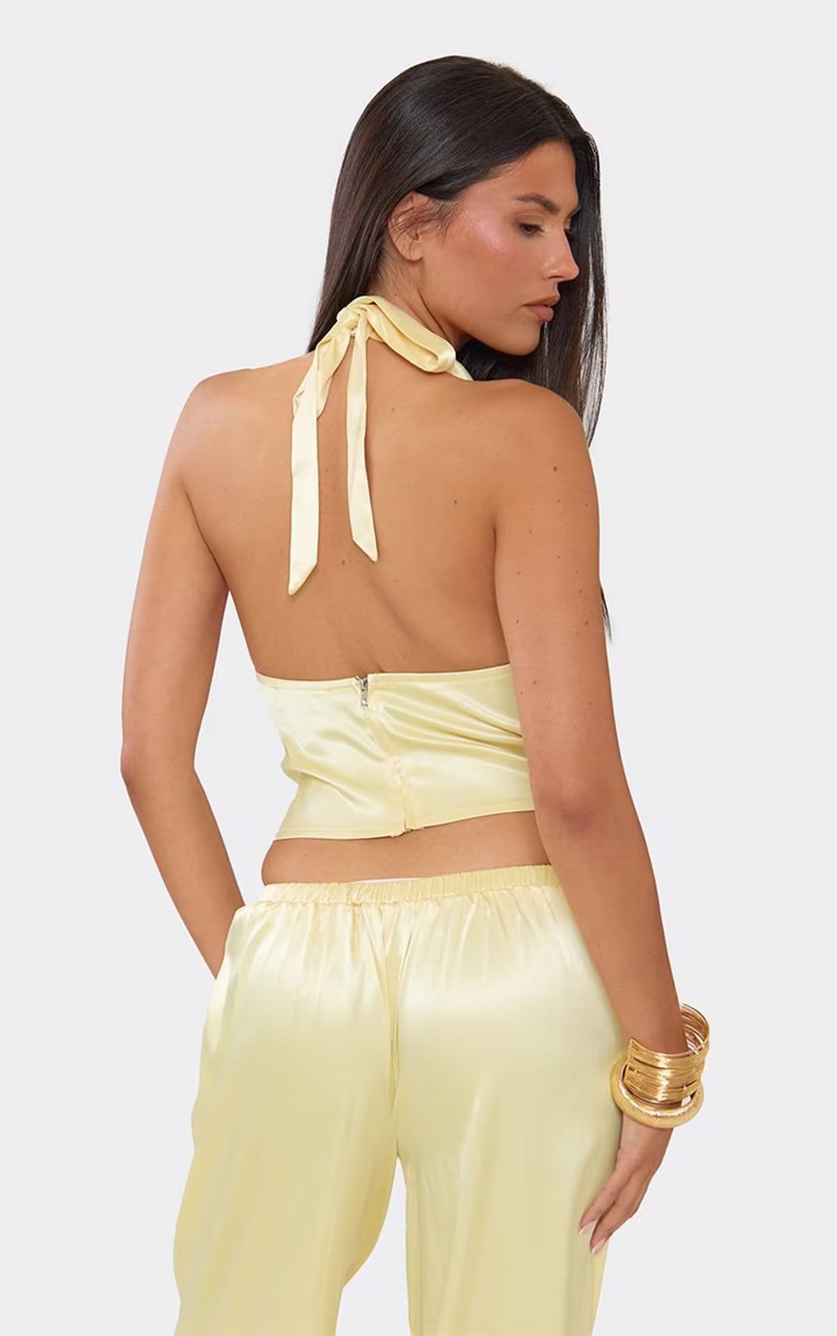 EGO Yellow Satin Cowl Halterneck Top, Women's Size UK 6