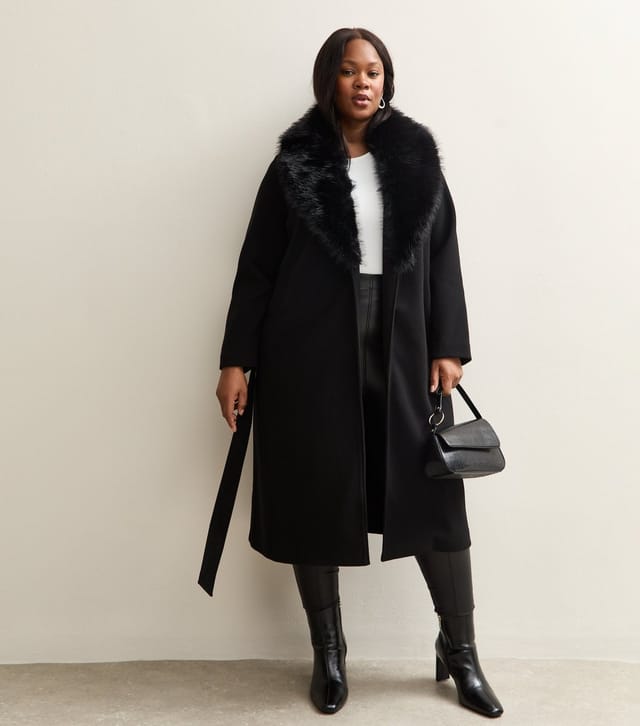 New Look Women's Plus Size Black Faux Fur Collar Belted Jacket Curves New Look - 3