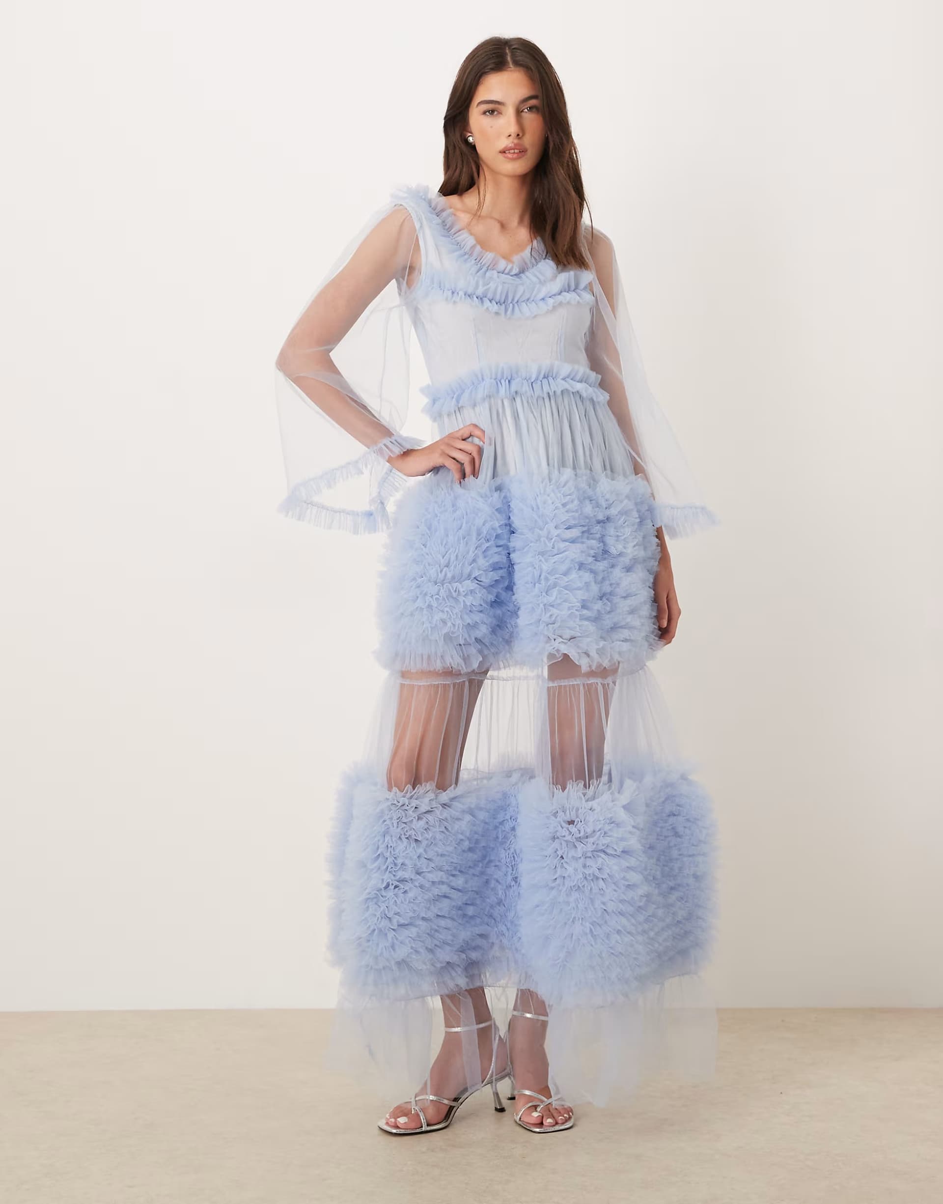 ASOS Dream Sister Jane Halo Haze tulle bell sleeve ruffle tiered maxi dress in baby blue