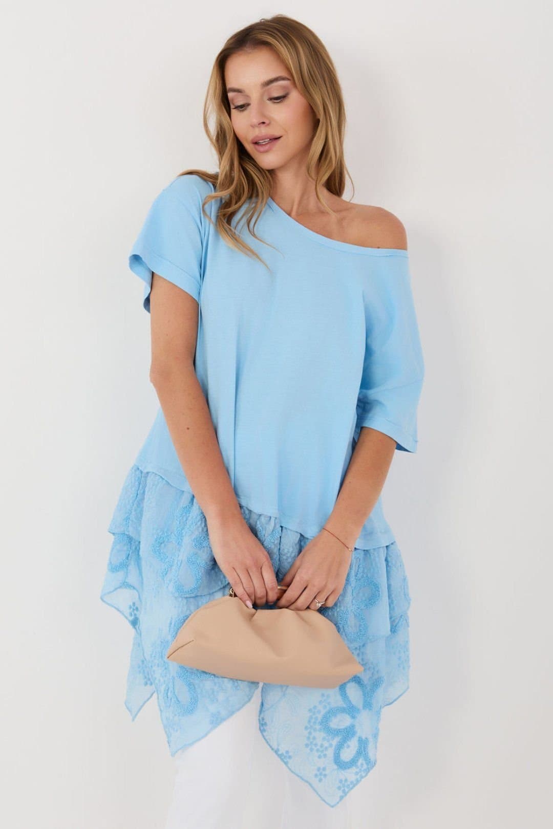 Love Lace Love Lace Women's Boho Cotton Blouse with Embroidered Ruffle Style 226468 in Blue