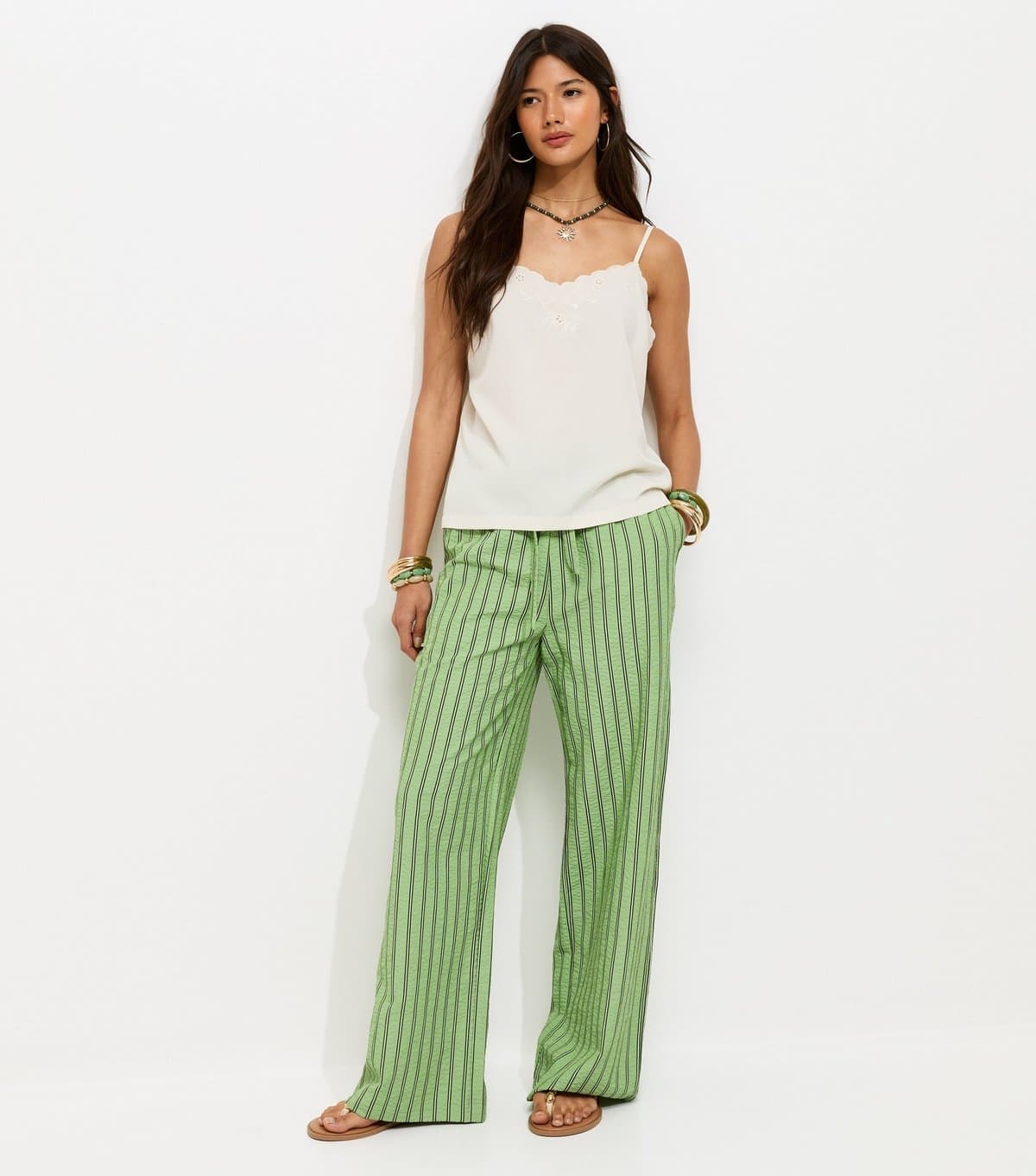 New Look Women's Green With Cotton Striped Wide Leg Trousers New Look