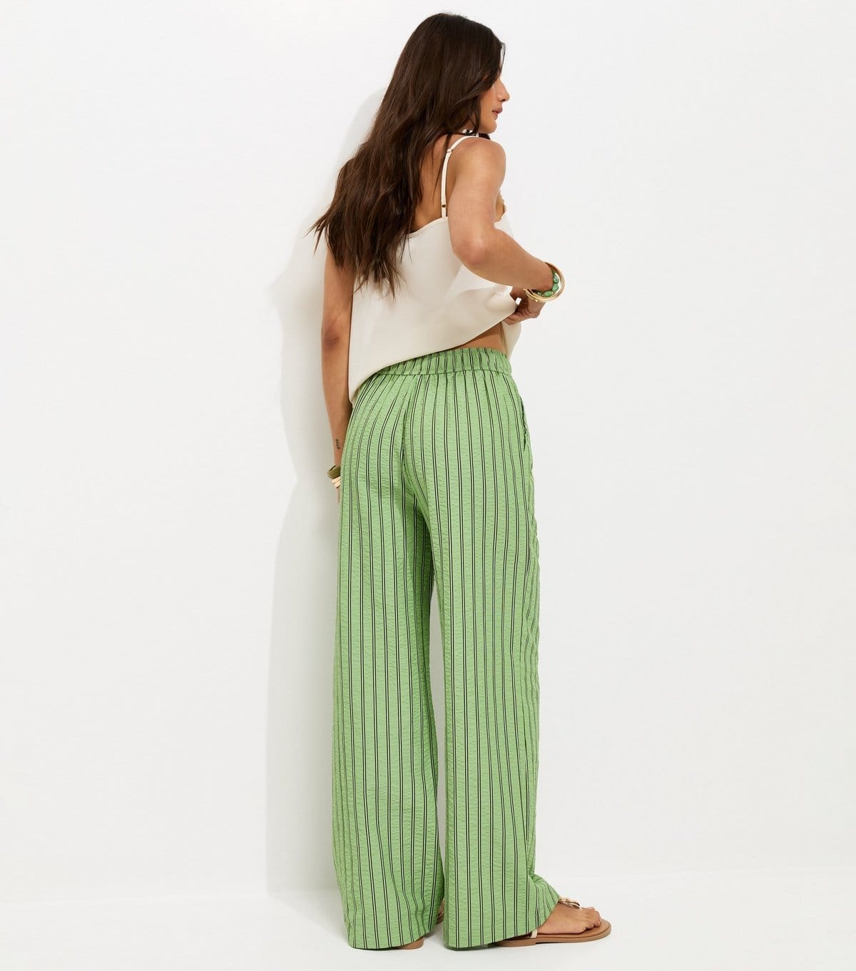New Look Women's Green With Cotton Striped Wide Leg Trousers New Look - 4