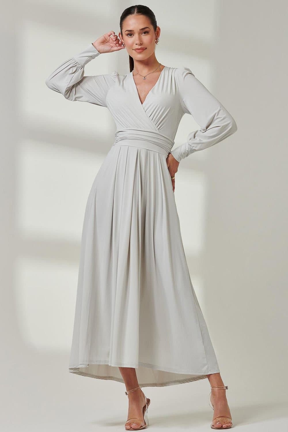 Jolie Moi Jolie Moi Women's Long Sleeve Super Soft Jersey Maxi Dress in Light Grey