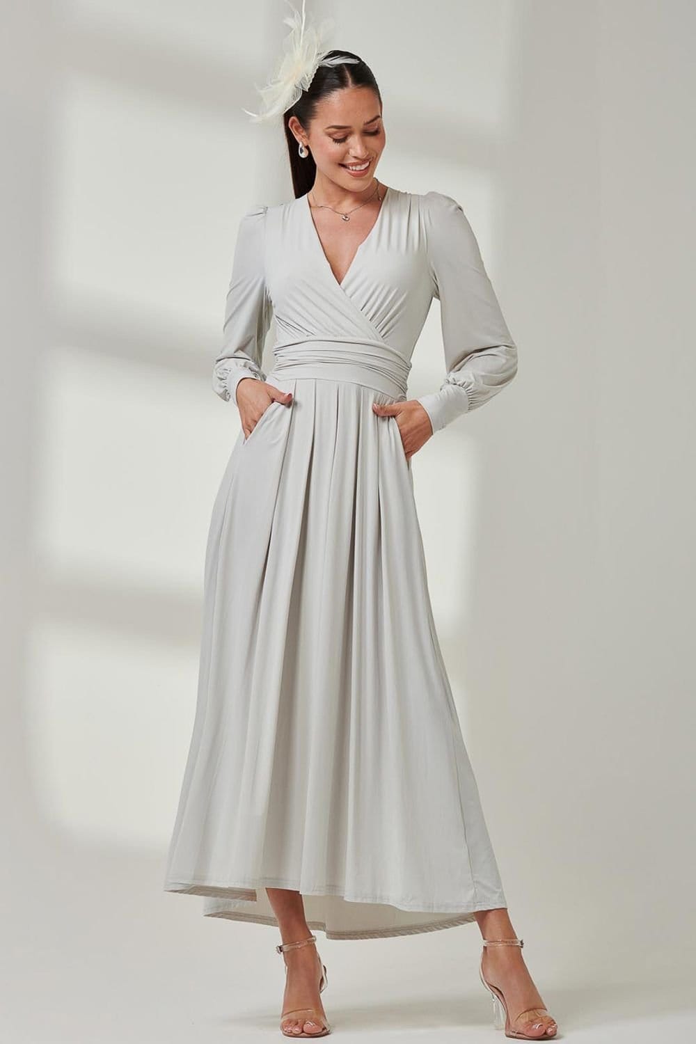 Jolie Moi Jolie Moi Women's Long Sleeve Super Soft Jersey Maxi Dress in Light Grey - 4