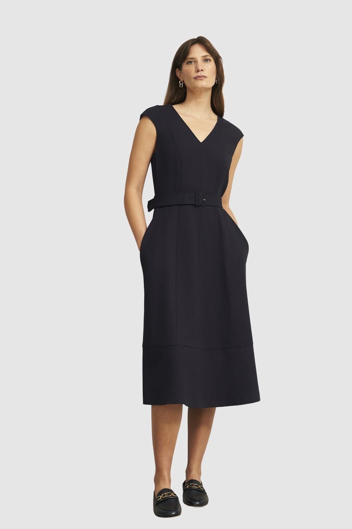 Hobbs London Hobbs London Women's Carolyn V-Neck Belted Waist Midi Dress in Dark Navy
