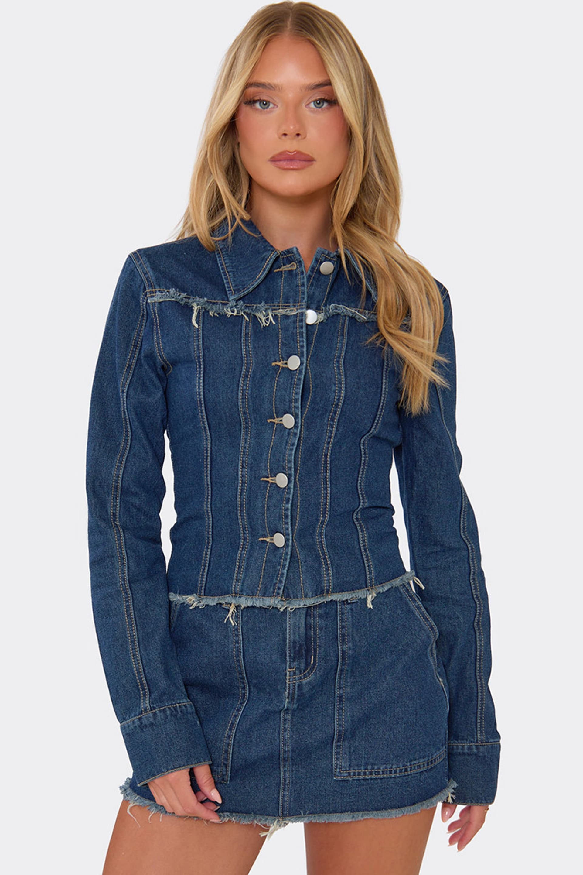 EGO EGO Women's Long Sleeve Denim Mini Jacket in Dark Blue