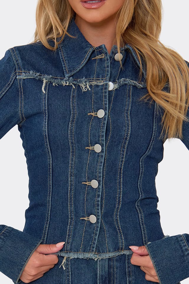 EGO EGO Women's Long Sleeve Denim Mini Jacket in Dark Blue - 3