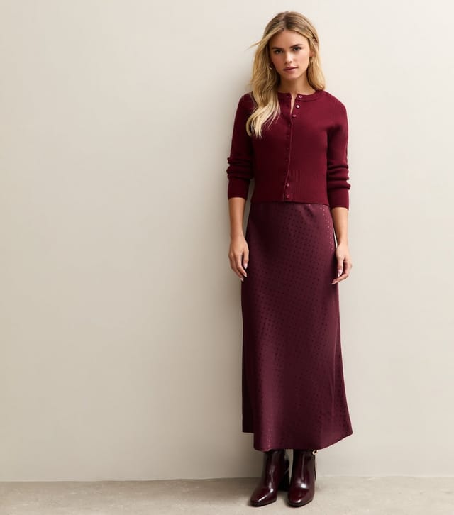 New Look Women's Petite Dark Burgundy Polka Dot Satin Bias Cut Midi Skirt New Look - 3