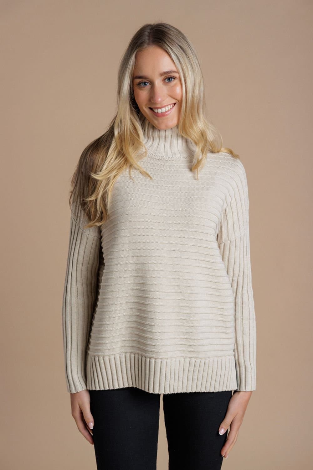 French Connection French Connection Women's Cotton Ribbed Knit High Neck Jumper in Beige