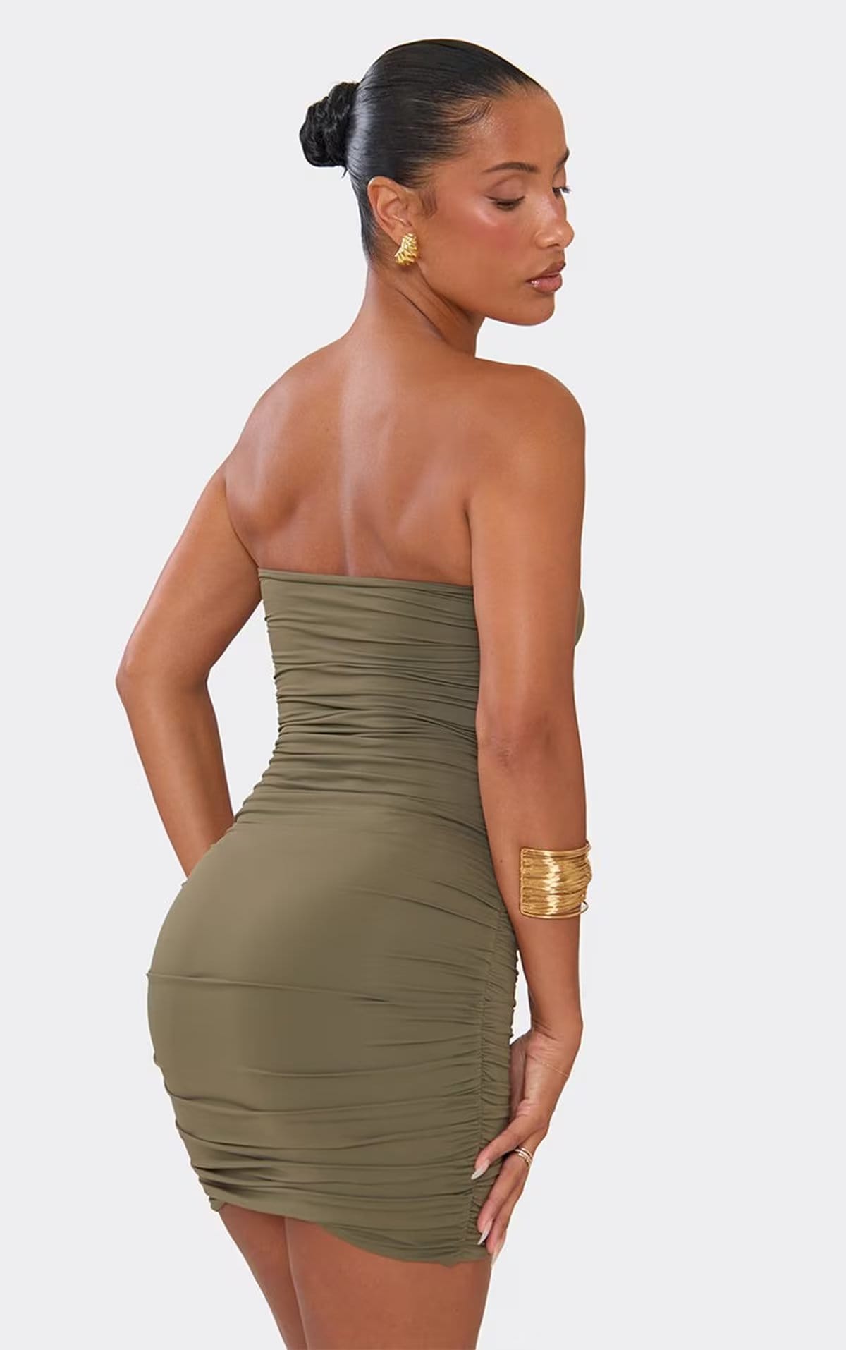 EGO Bandeau V Cut Trim Ruched Mini Dress In Khaki, Women's Size UK M - 1