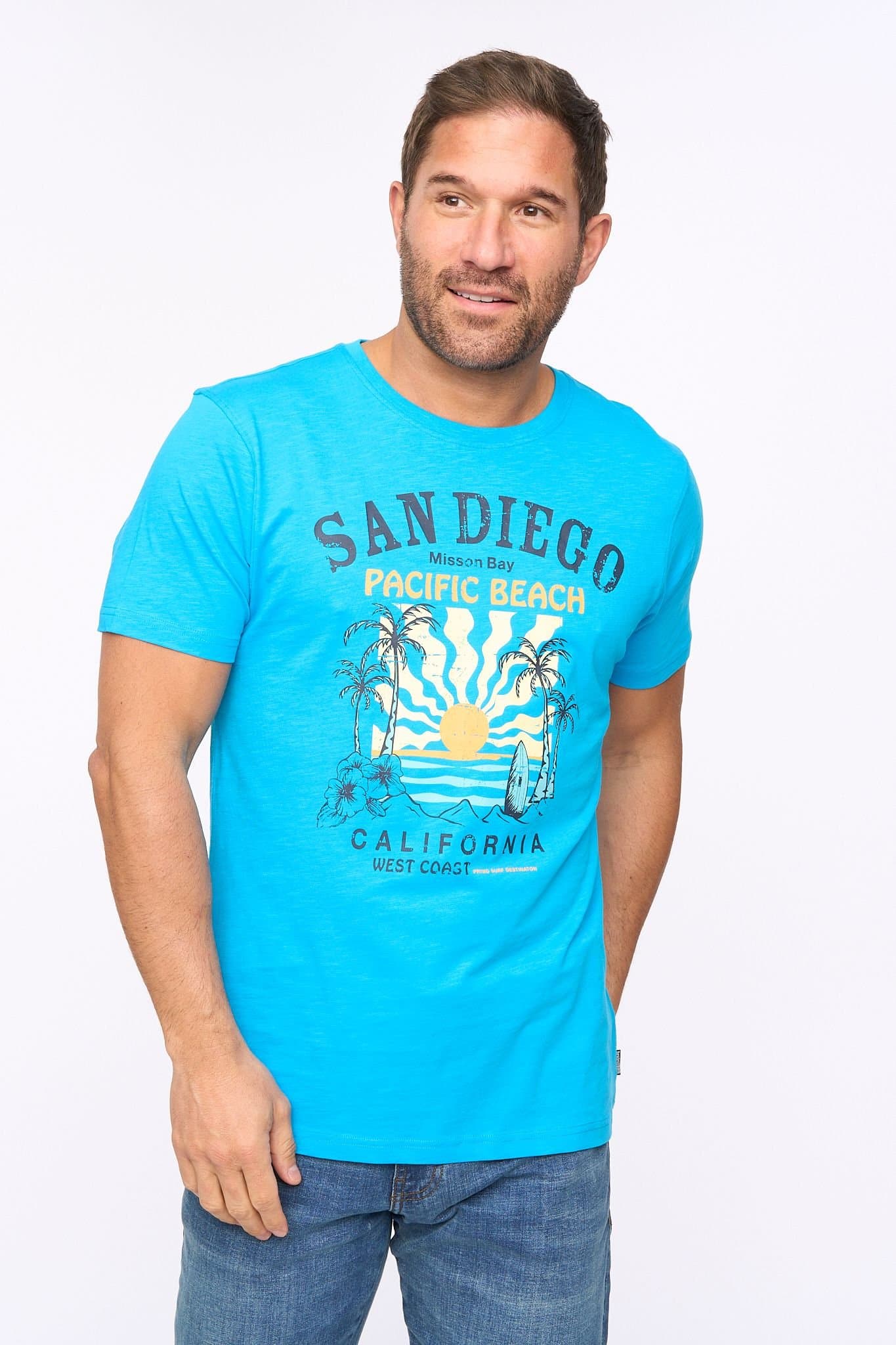 Bewley&Ritch Bewley&Ritch Men's Sandico 100% Slub Cotton Graphic Crew Neck T-Shirt in Turquoise