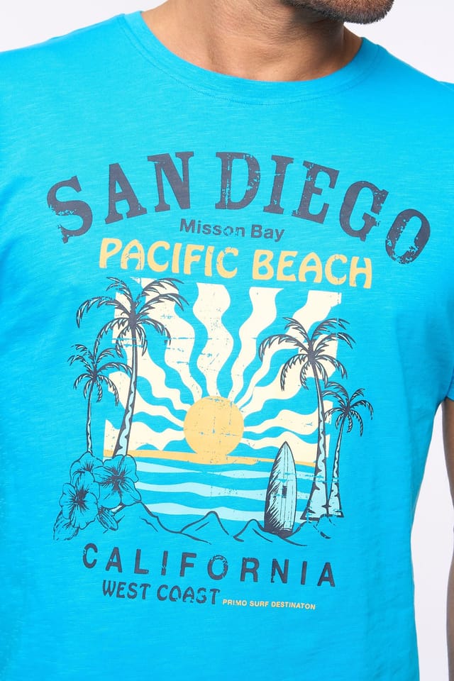 Bewley&Ritch Bewley&Ritch Men's Sandico 100% Slub Cotton Graphic Crew Neck T-Shirt in Turquoise - 2