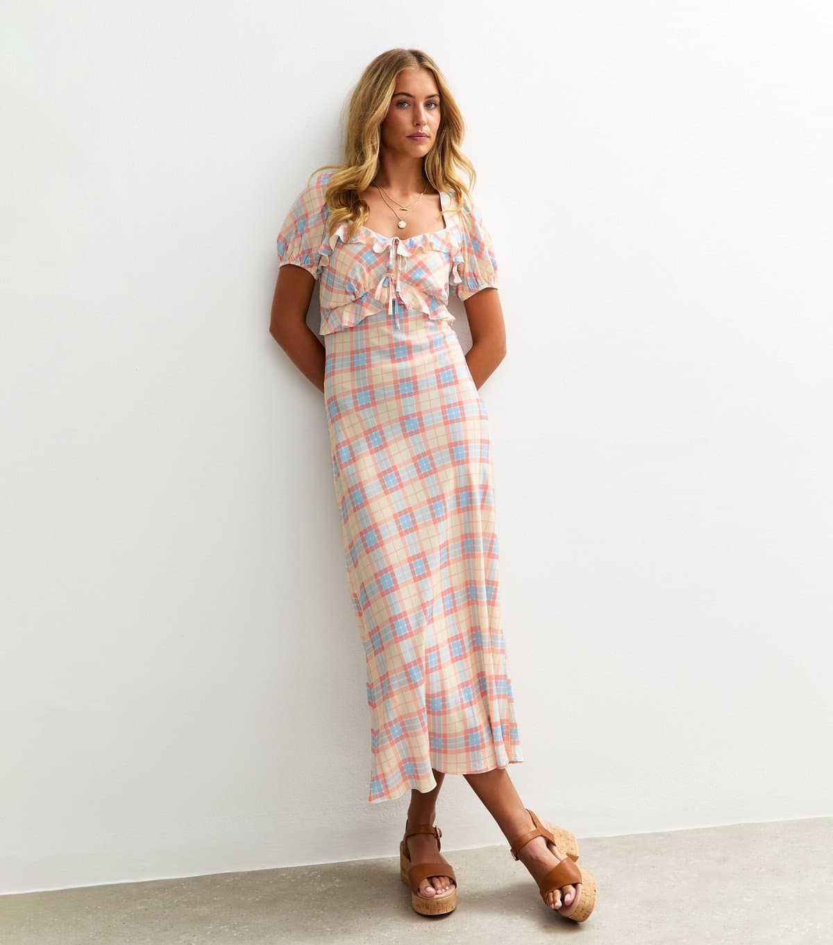 New Look Women's Tall Cream Checked Ruffle Trimmed Milkmaid Midi Dress New Look