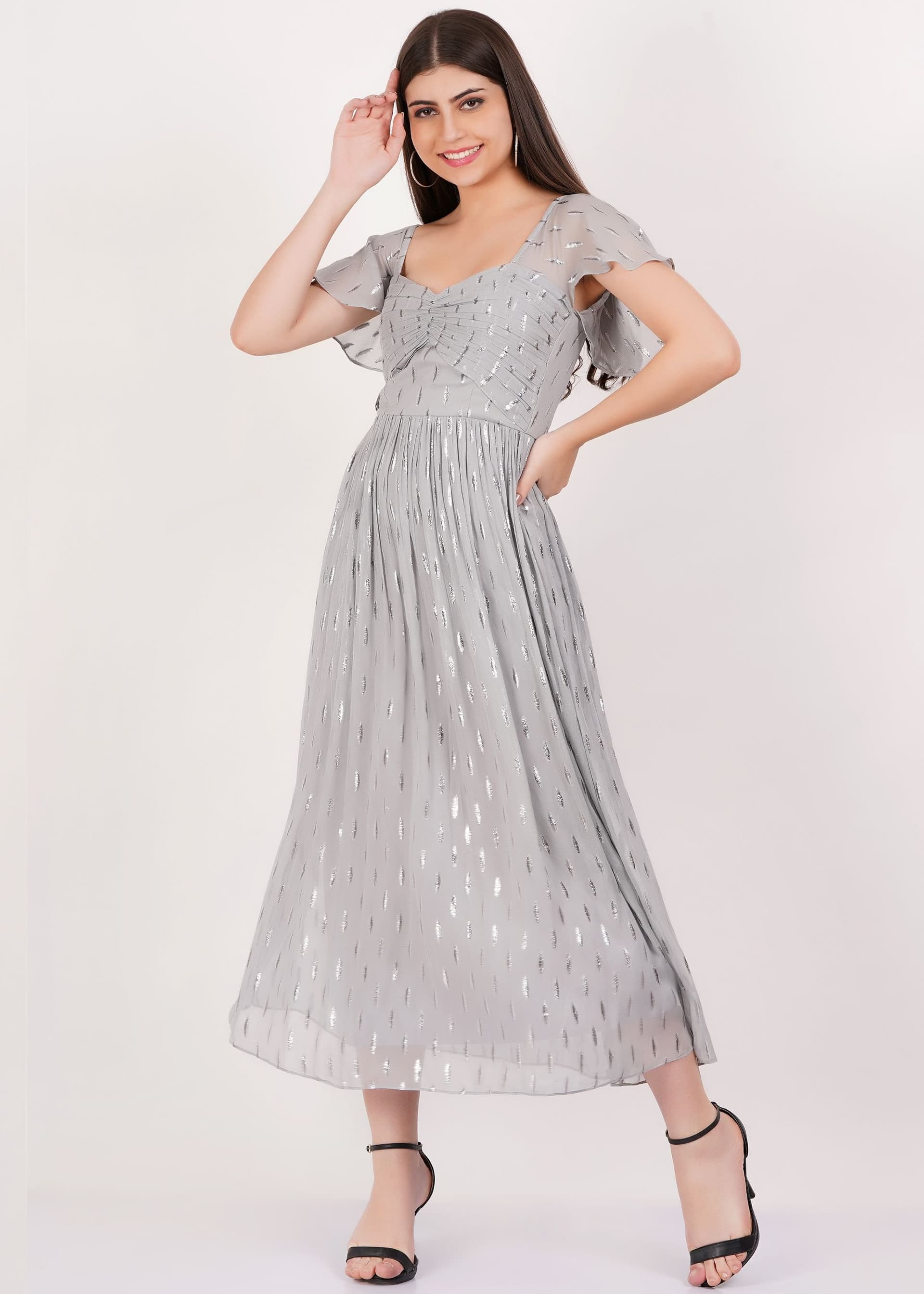 Gini London Gini London Women's Silver Jacquard Metallic Angel Sleeves Midi Dress