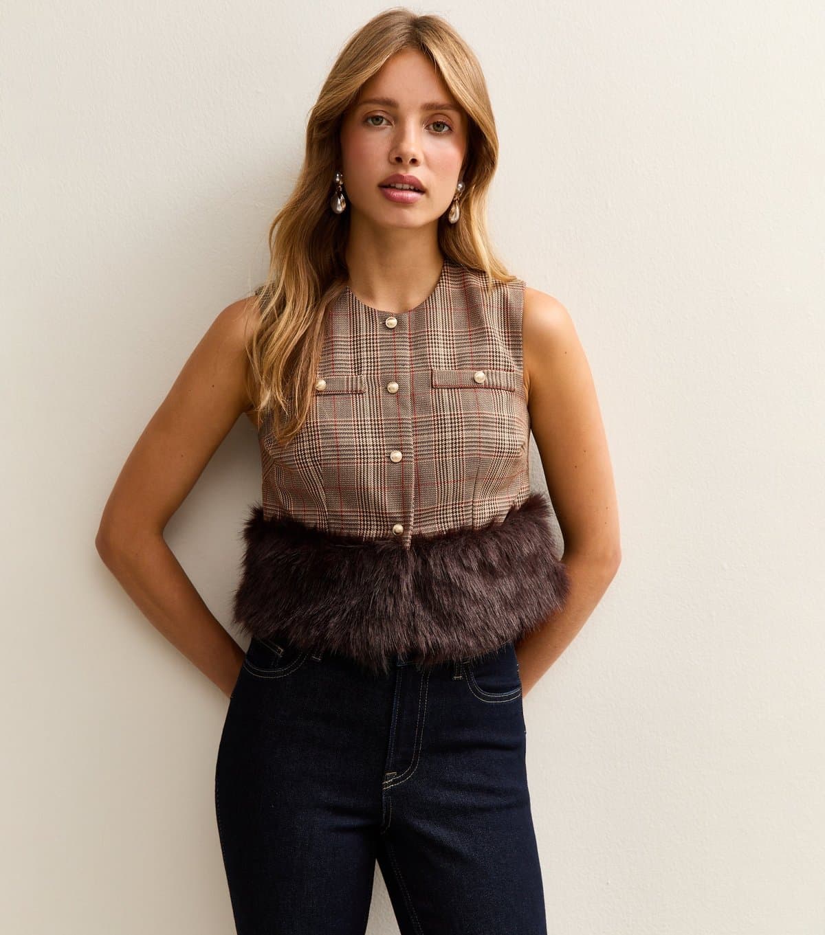 New Look Women's Brown Check Faux Fur Trim Waistcoat New Look