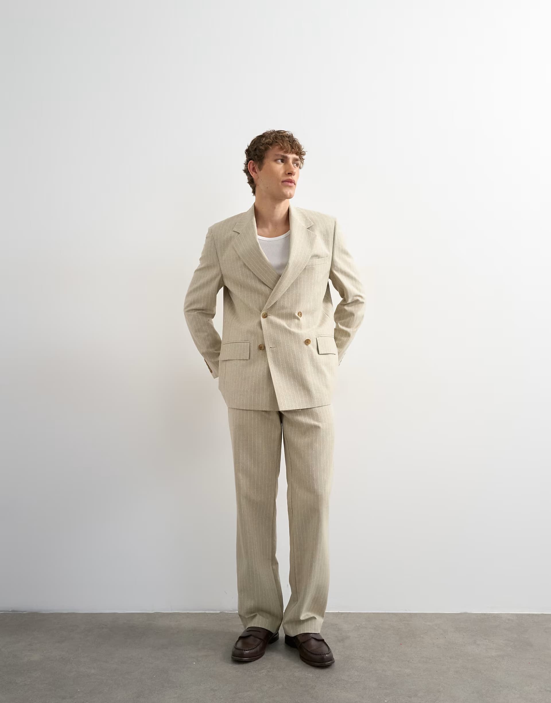 ASOS Topman relaxed fit double breasted stripe blazer in stone