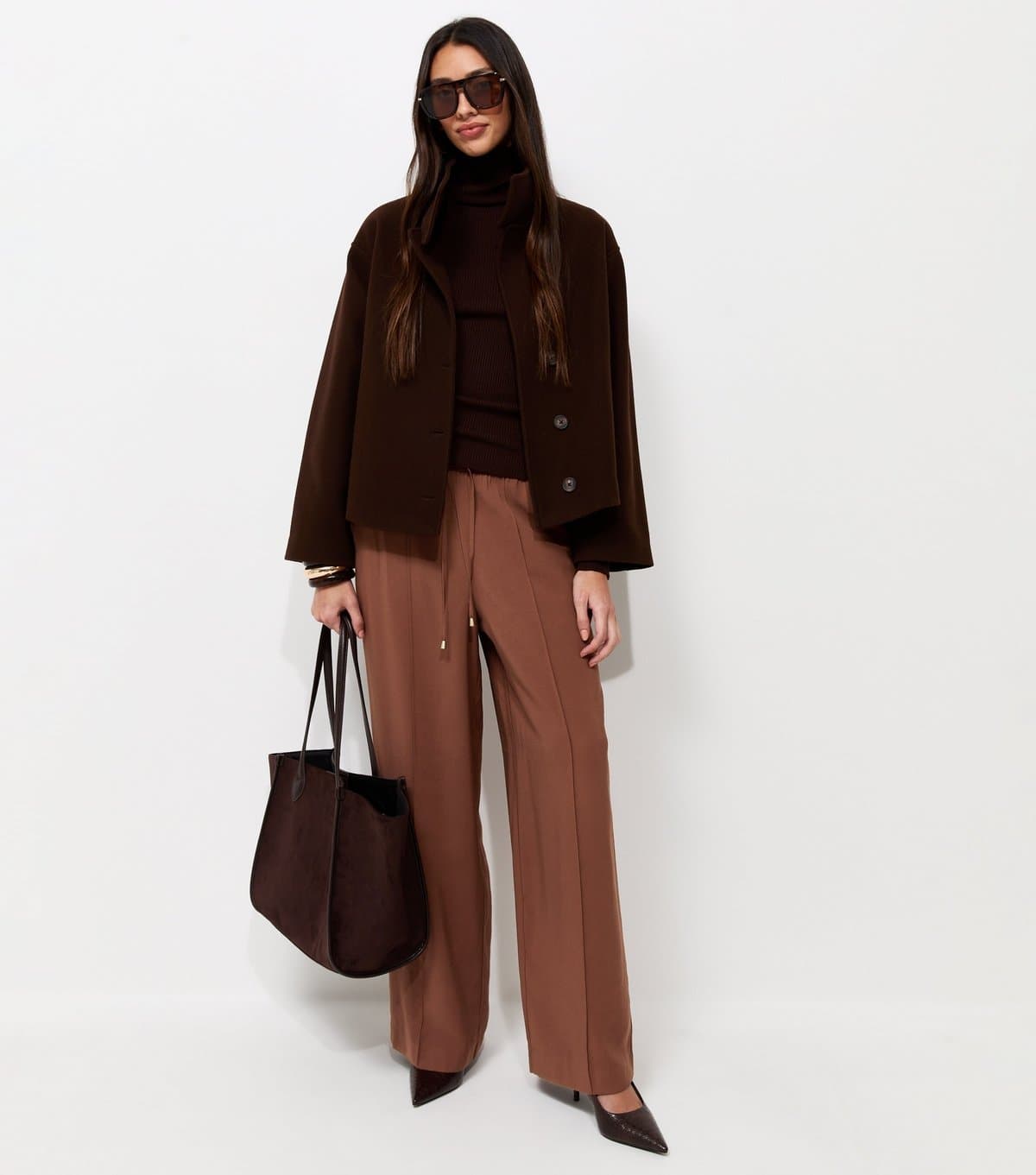 New Look Women's Dark Brown Drawstring Front Crease Wide Leg Trousers New Look