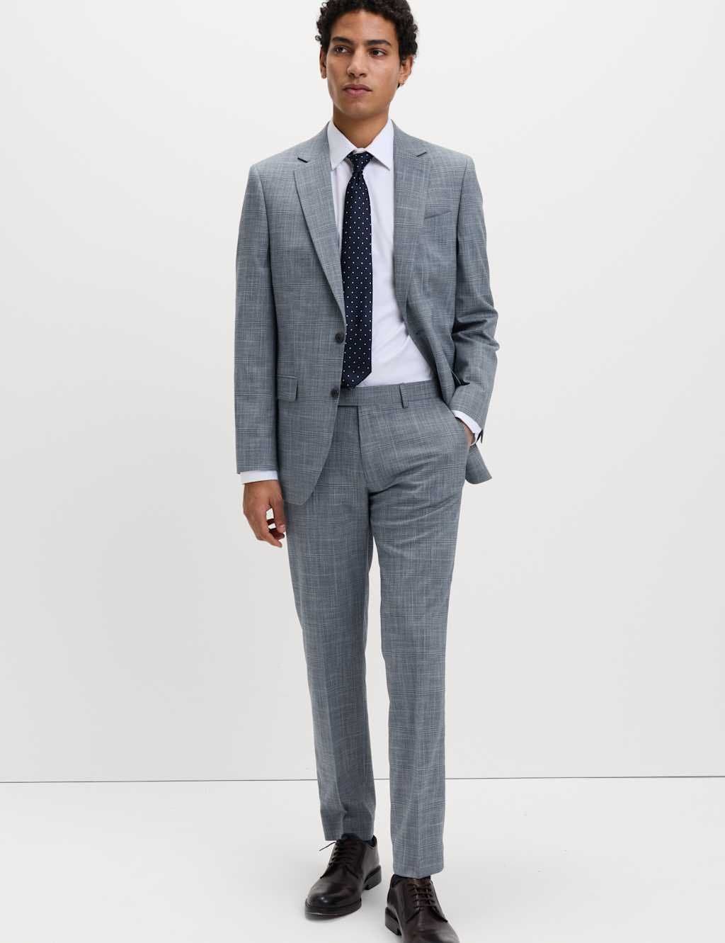 Marks & Spencer M&S Tailored Fit Check Stretch Jacket Mid Blue