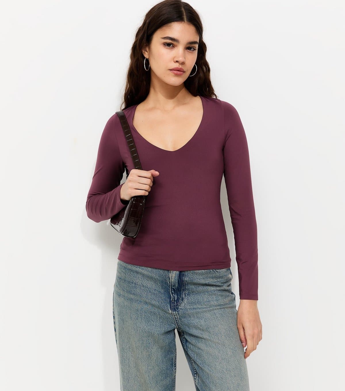 New Look Women's Dark Burgundy Slinky Jersey V-Neck Long Sleeve Top New Look