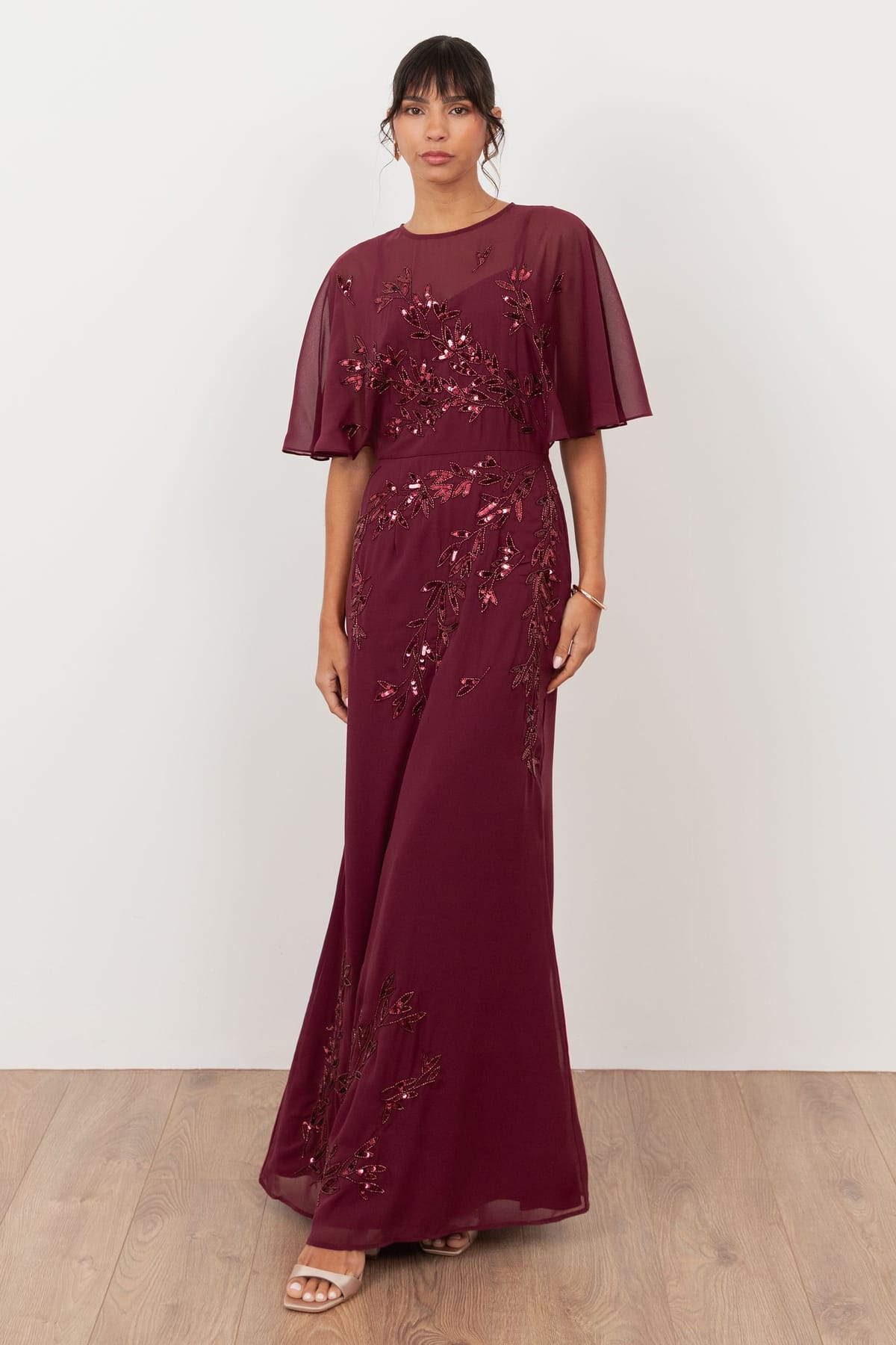 Maya Deluxe Maya Deluxe Women's Embellished Angel Sleeve Maxi Dress in Burgundy - 1
