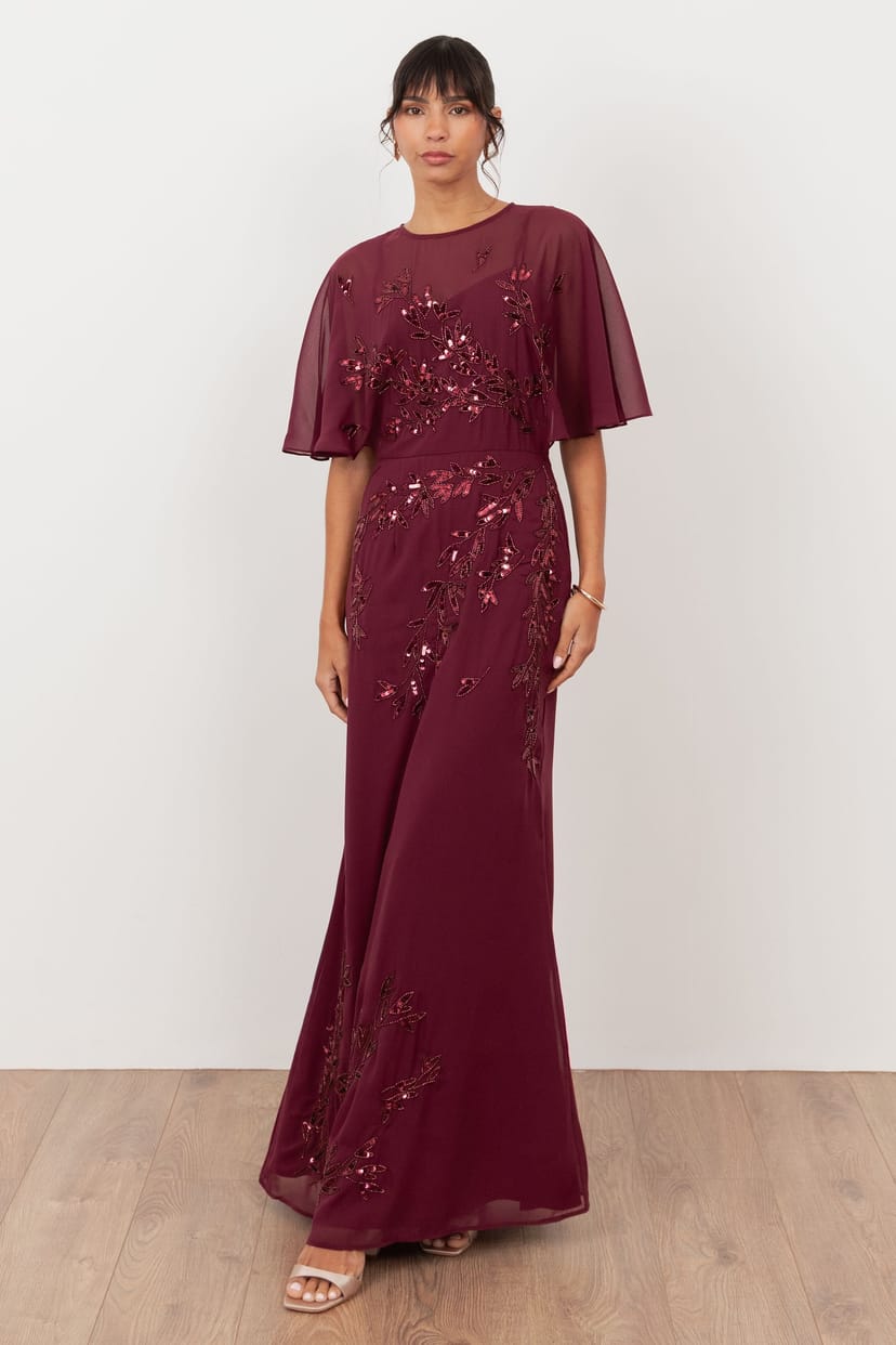 Maya Deluxe Maya Deluxe Women's Embellished Angel Sleeve Maxi Dress in Burgundy - 1