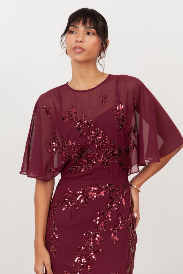 Maya Deluxe Maya Deluxe Women's Embellished Angel Sleeve Maxi Dress in Burgundy - 3