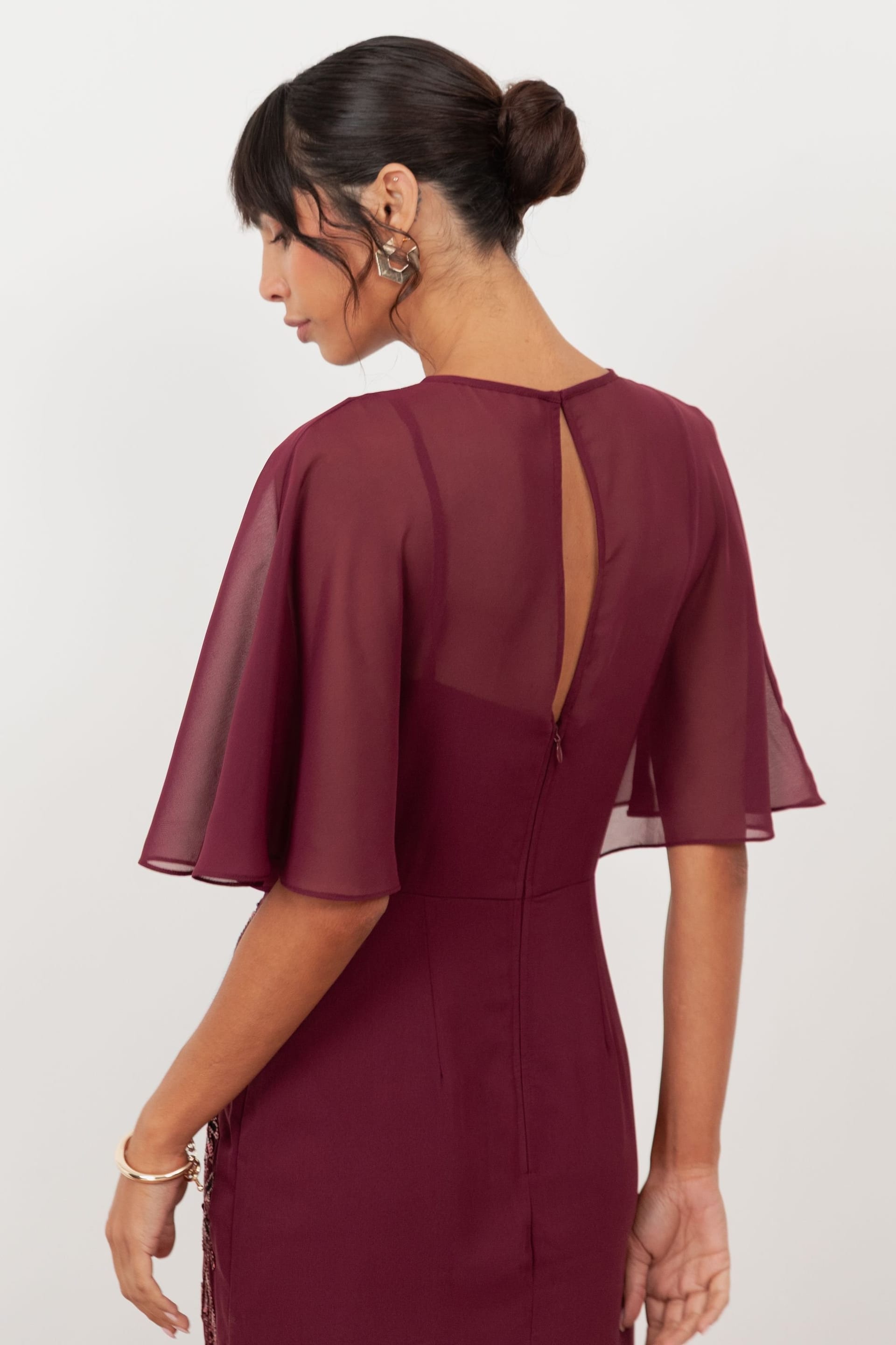 Maya Deluxe Maya Deluxe Women's Embellished Angel Sleeve Maxi Dress in Burgundy - 4