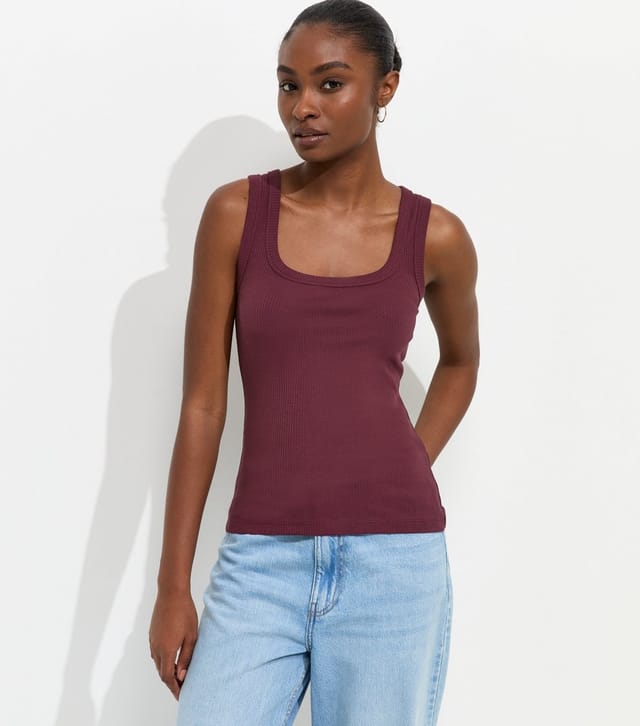 New Look Women's Dark Burgundy Cotton Rich Square Neck Vest Top New Look - 2