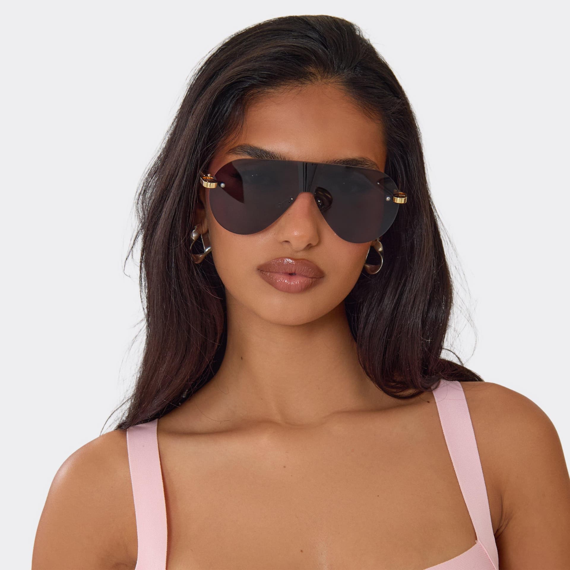 EGO Oversized Tinted Lense Frameless Aviator Sunglasses In Gold, Women's Size UK 0