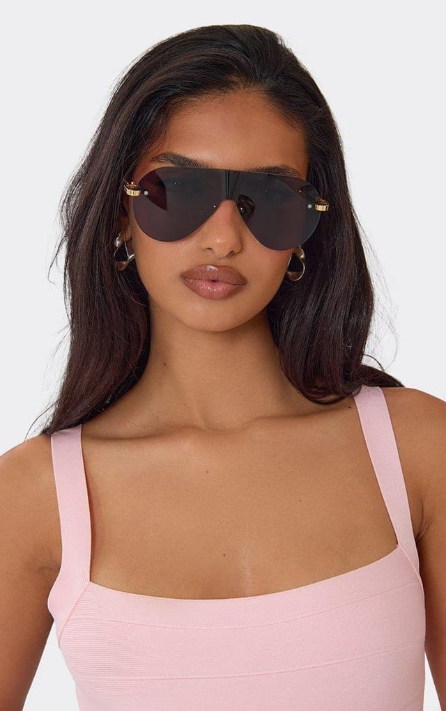EGO Oversized Tinted Lense Frameless Aviator Sunglasses In Gold, Women's Size UK 0 - 2