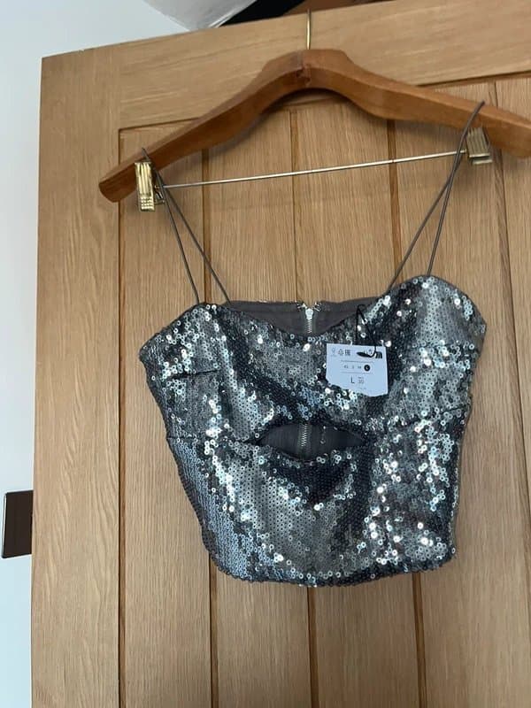 Bershka Bershka size L grey and silver sequin crop top with cut out detail