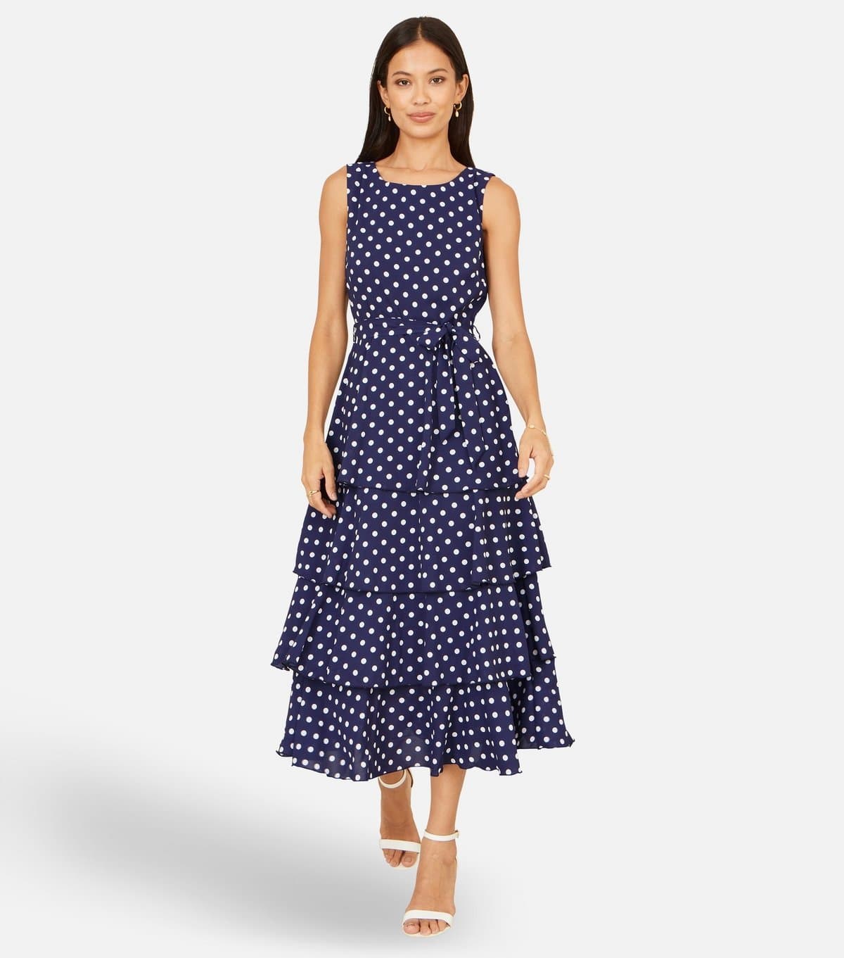 Yumi Women's Navy Spot Print Tiered Midi Dress Yumi New Look