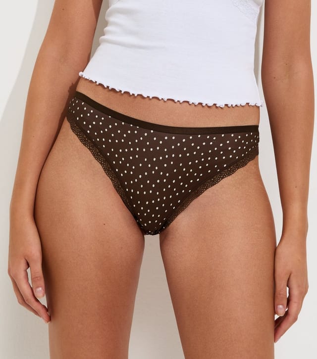 New Look Women's Dark Brown Polka Dot Microfibre Lace Brazilian Briefs New Look - 2