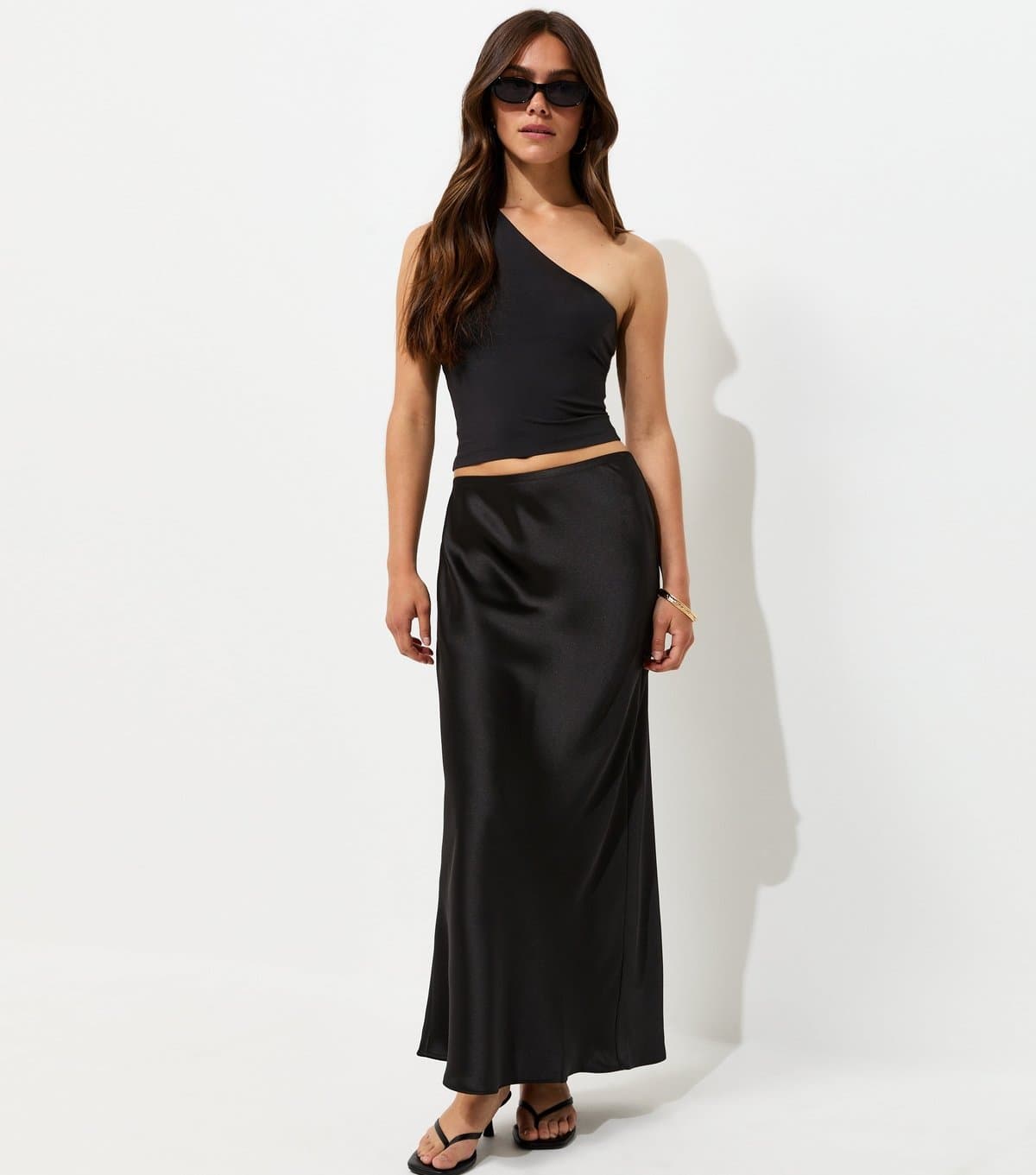 New Look Women's Petite Black Satin Bias Cut Midi Skirt New Look