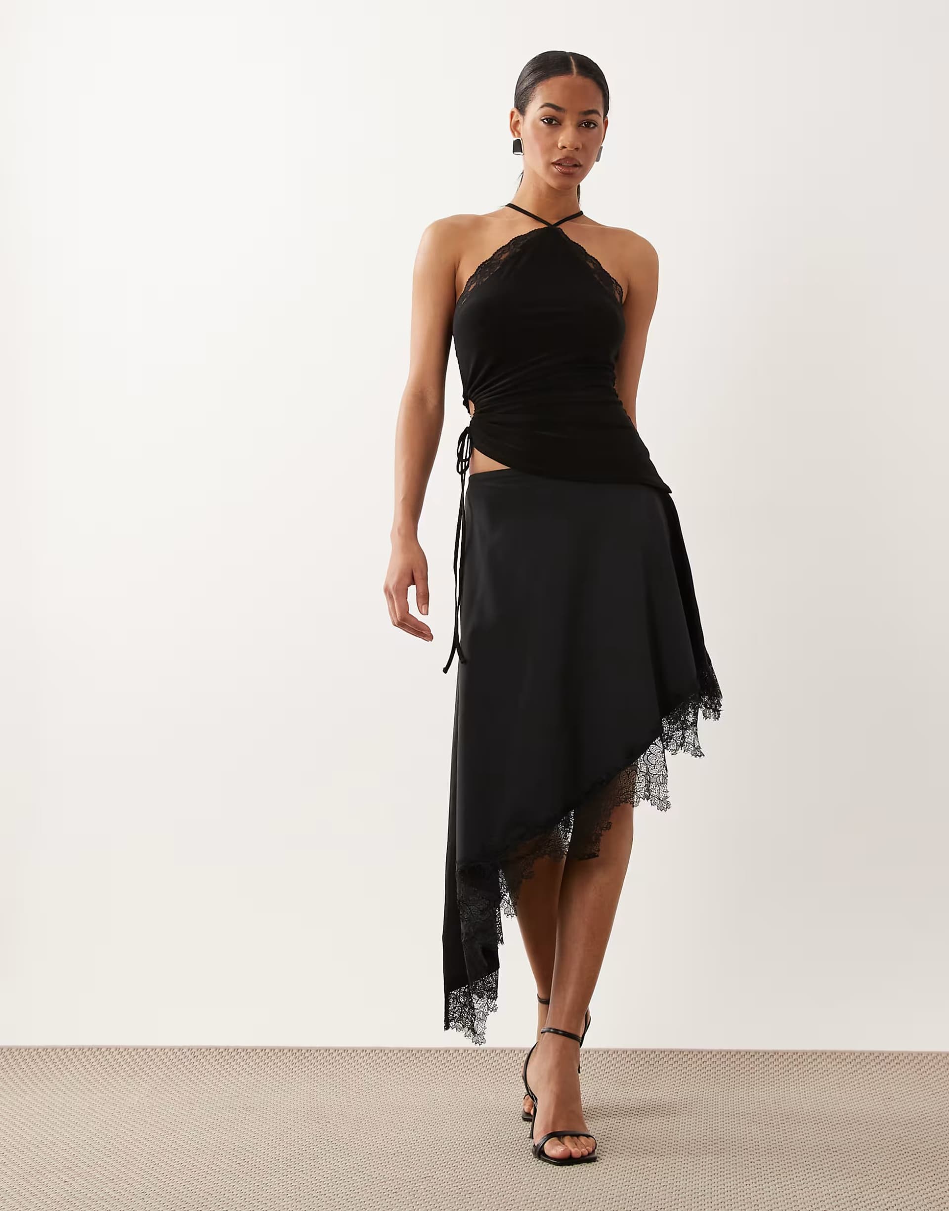 ASOS ASOS DESIGN polyamide lace trim asymmetric midi skirt in black
