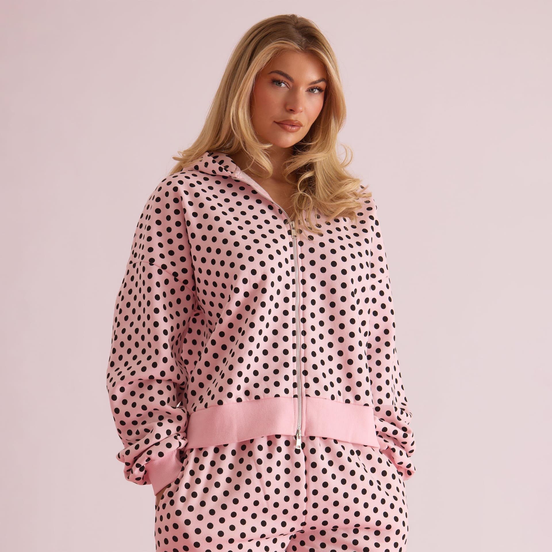 EGO Long Sleeve Zip Up Hoodie In Contrast Pink Polka Dot, Women's Size UK 6