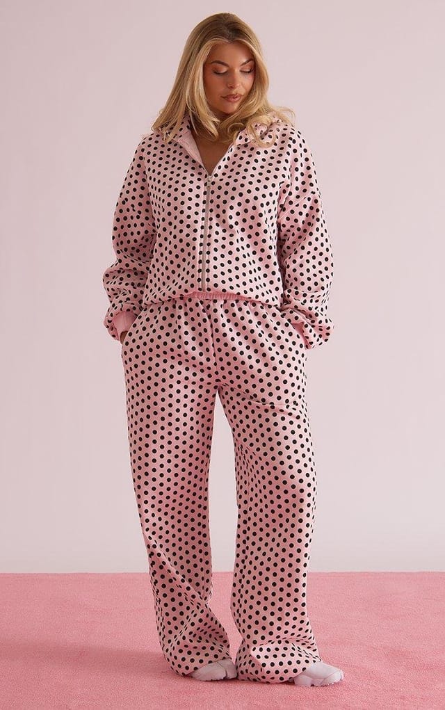 EGO Long Sleeve Zip Up Hoodie In Contrast Pink Polka Dot, Women's Size UK 6 - 2