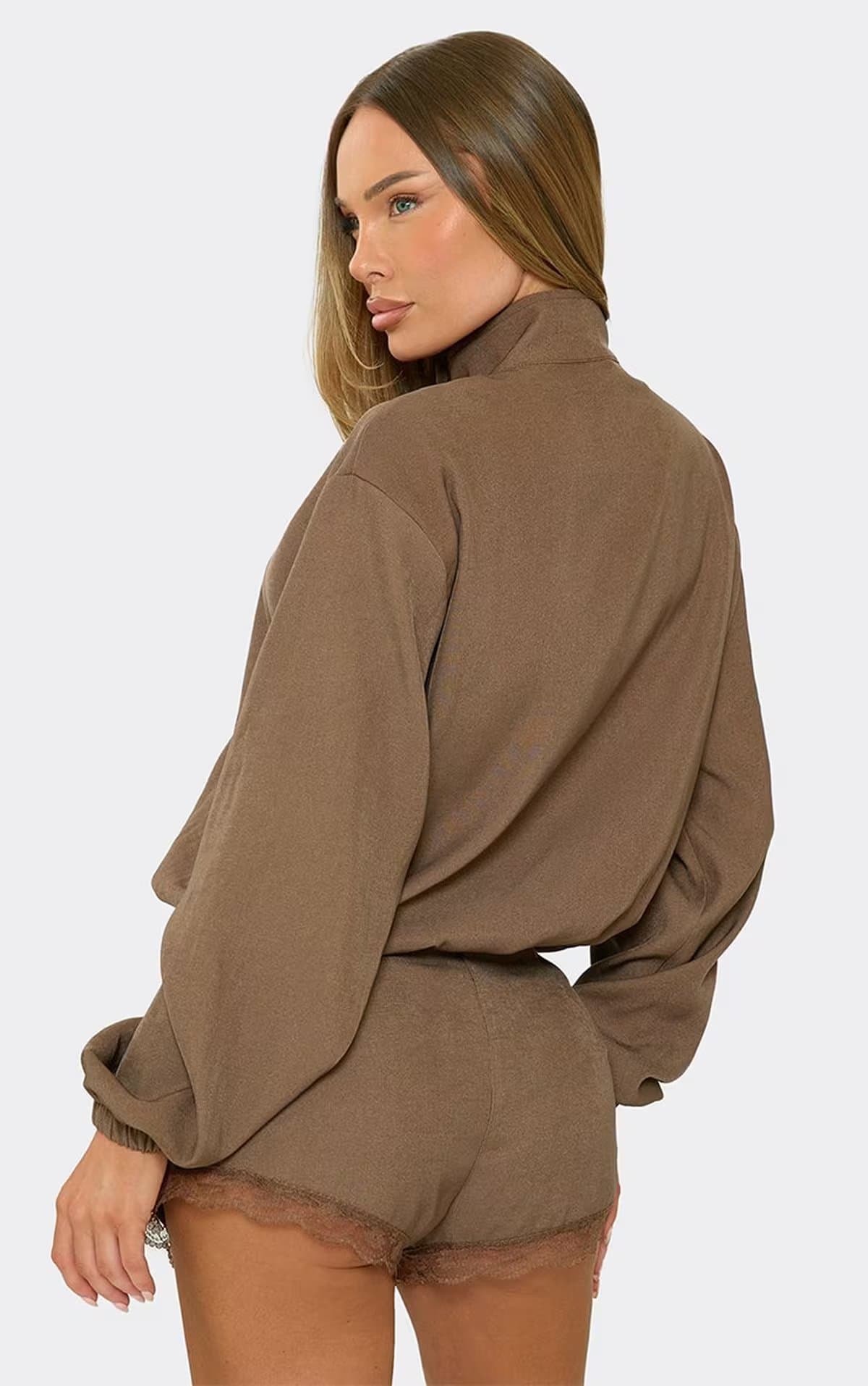 EGO Long Sleeve High Neck Jacket In Chocolate Brown, Women's Size UK 6