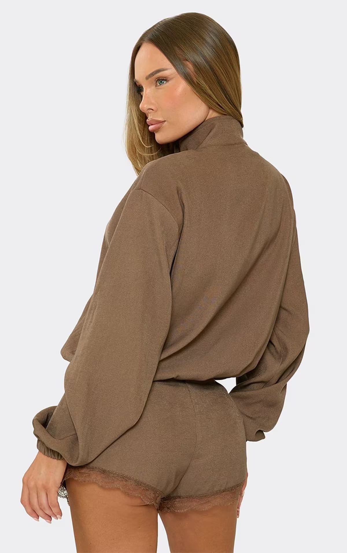 Long Sleeve High Neck Jacket In Chocolate Brown, Women's Size UK 6