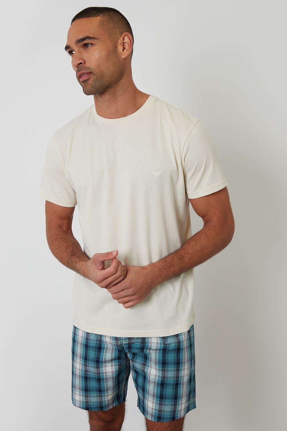 Threadbare Threadbare Men's Pyjama T-Shirt & Check Shorts Set in Light Stone