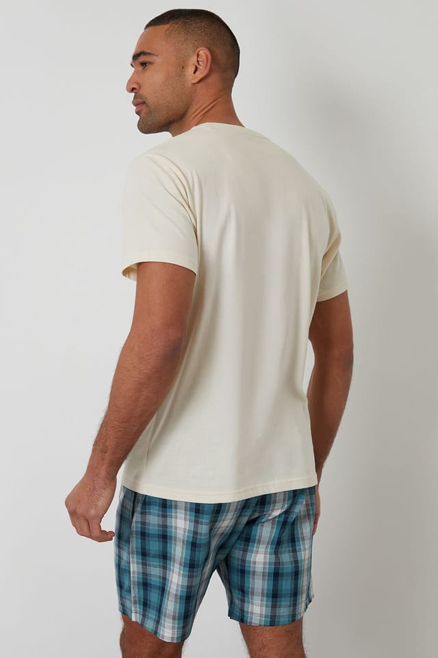 Threadbare Threadbare Men's Pyjama T-Shirt & Check Shorts Set in Light Stone - 2