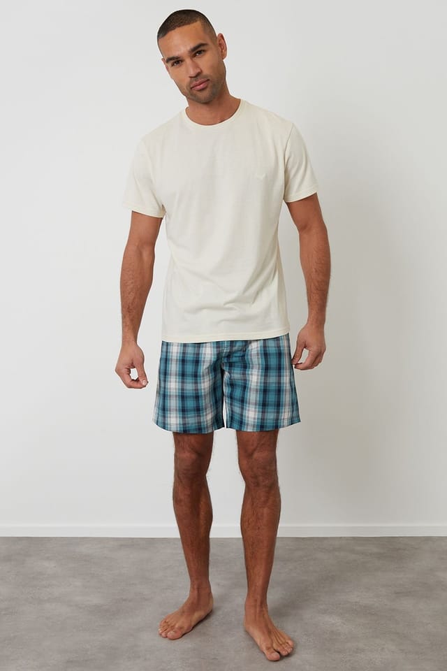 Threadbare Threadbare Men's Pyjama T-Shirt & Check Shorts Set in Light Stone - 3