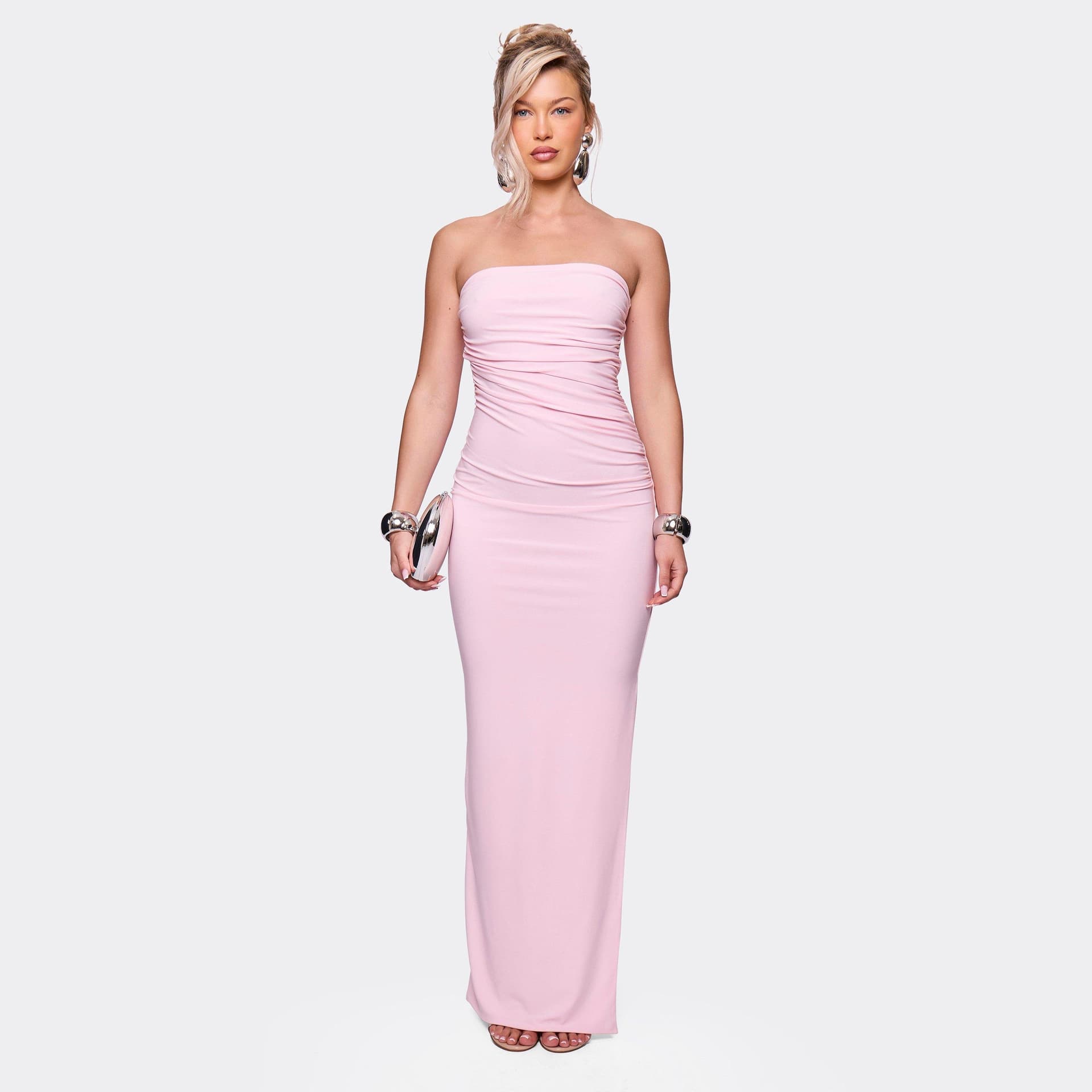 EGO Bandeau Ruched Detail Maxi Dress In Pink, Women's Size UK 8
