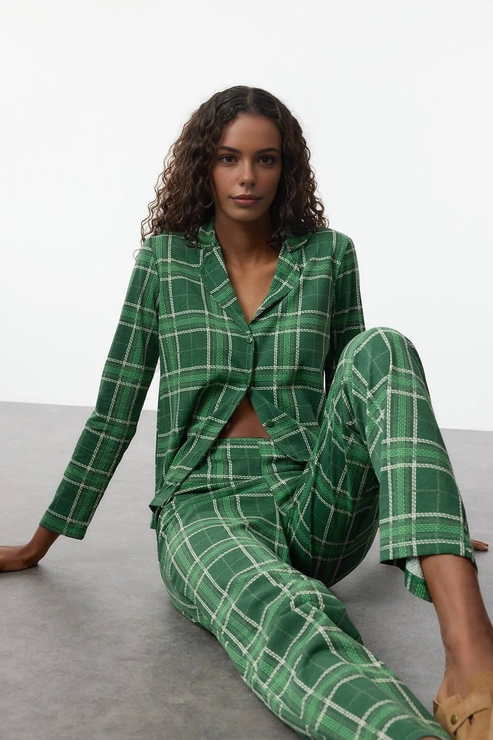 WOVCOR WOVCOR Women's 2-Piece Argyle Print Cotton Knit Pajama Set in Green - 3
