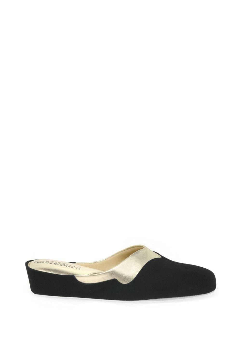 Charles Clinkard Charles Clinkard Black Suede Slippers with Gold Trim