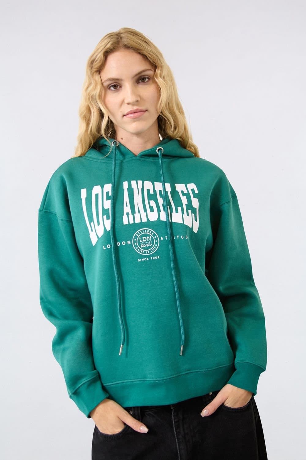 LONDON ATTITUDE LONDON ATTITUDE Women's Relaxed Fit "Los Angeles" Printed Hoodie Green in Cobalt