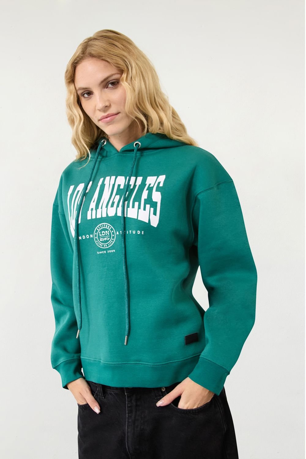 LONDON ATTITUDE LONDON ATTITUDE Women's Relaxed Fit "Los Angeles" Printed Hoodie Green in Cobalt - 2
