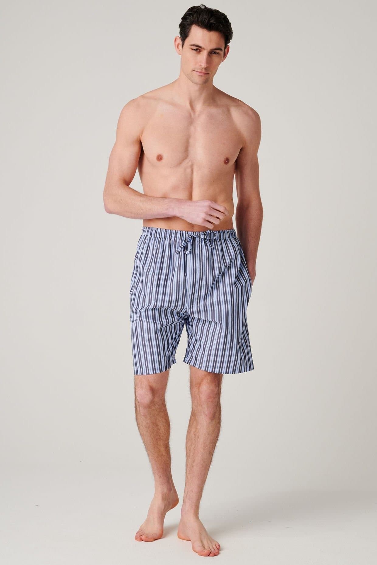 British Boxers British Boxers Men's "Navy Spark Stripe" Crisp Cotton Sleep Shorts in Mid Navy