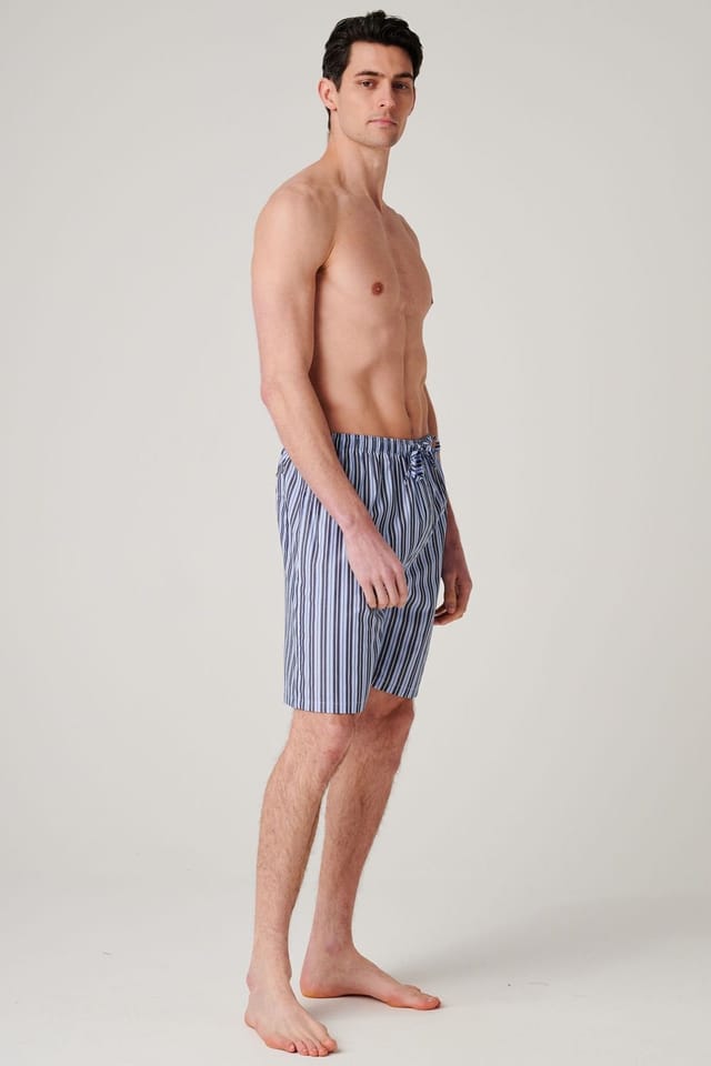 British Boxers British Boxers Men's "Navy Spark Stripe" Crisp Cotton Sleep Shorts in Mid Navy - 2