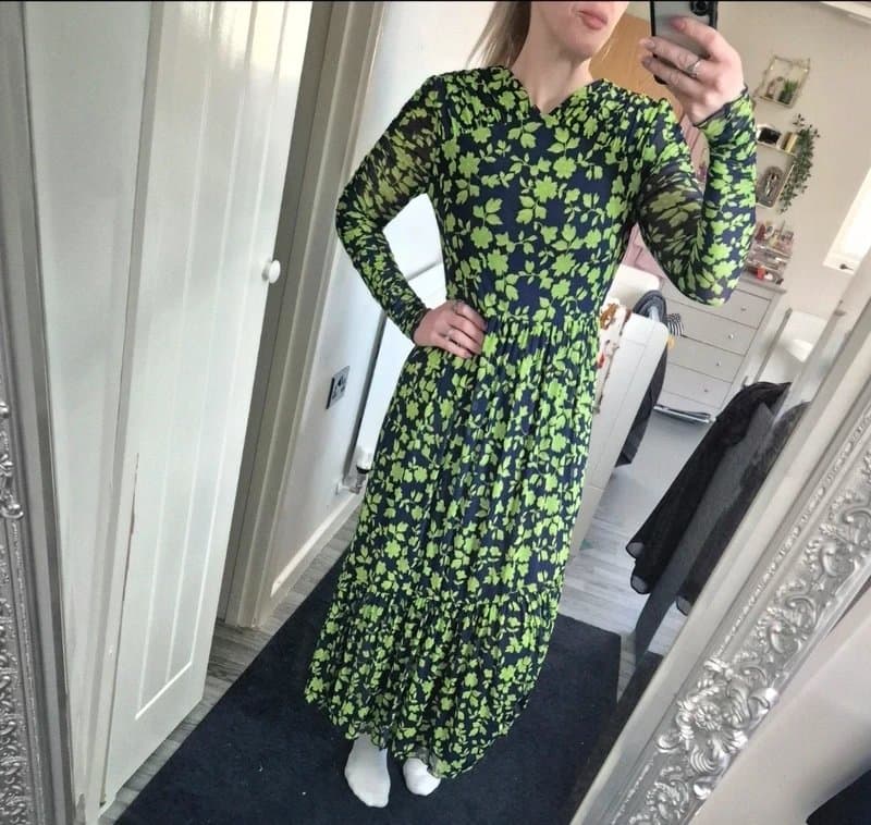 Whistles Green linear floral mesh whistles long dress size 10